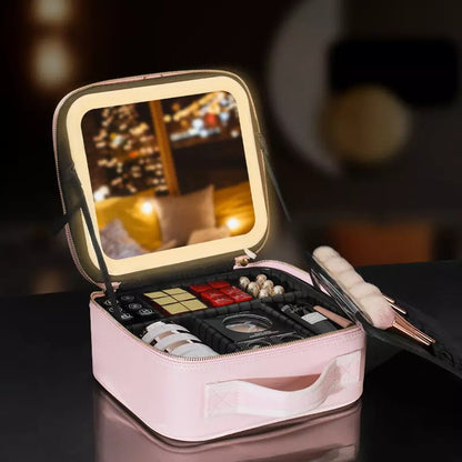 LED Mirror Makeup Organizer Case – Portable Travel Beauty Bag