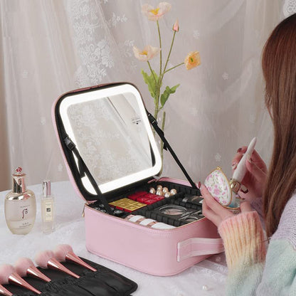LED Mirror Makeup Organizer Case – Portable Travel Beauty Bag