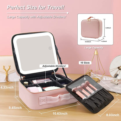 LED Mirror Makeup Organizer Case – Portable Travel Beauty Bag